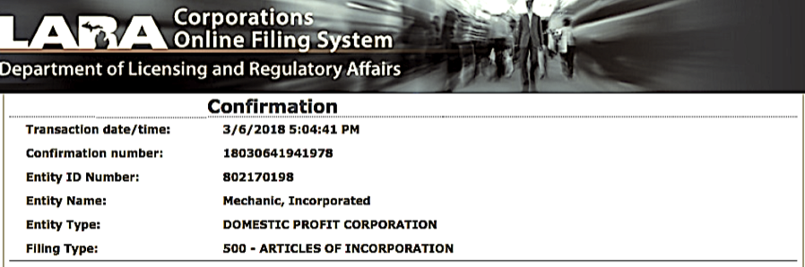 filing state of michigan mechanic inc